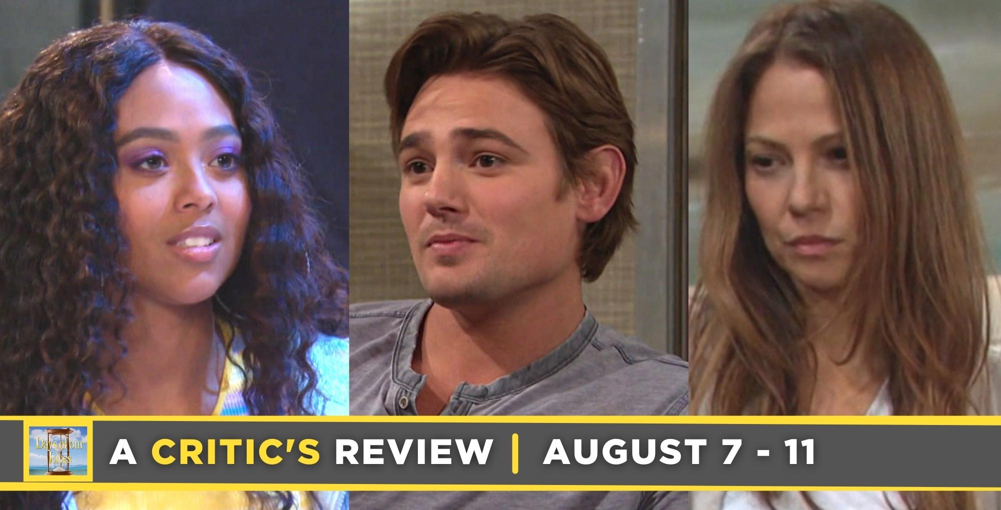 days of our lives critic's review for august 7 – august 11, 2023, three images, talia, johnny, and ava.