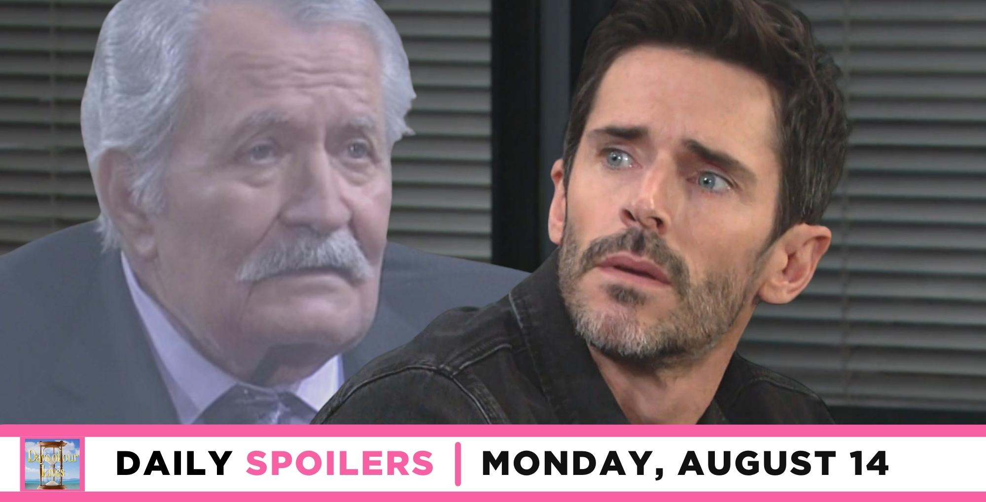 days of our lives spoilers for august 14, 2023 have a faded image of victor and shawn worried.