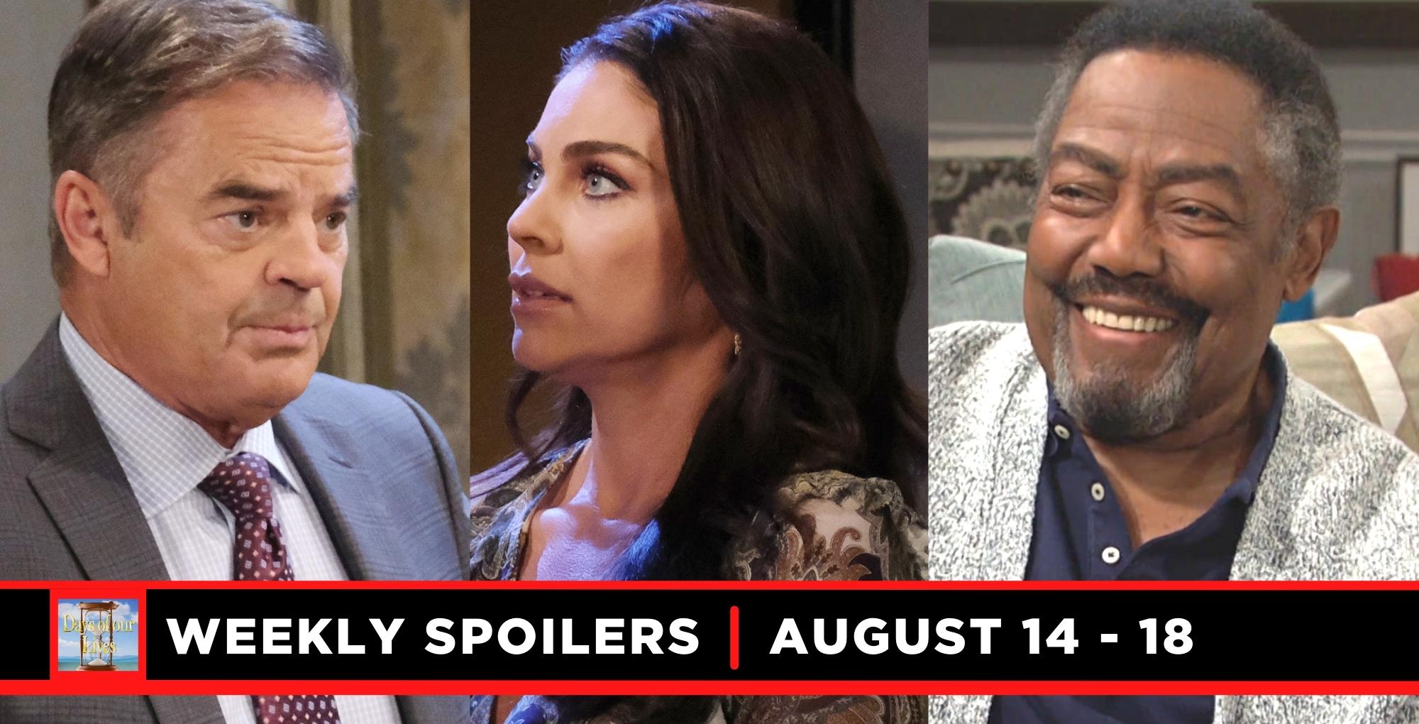 days of our lives spoilers for august 14 – august 18, 2023, three images justin, chloe, and abe.