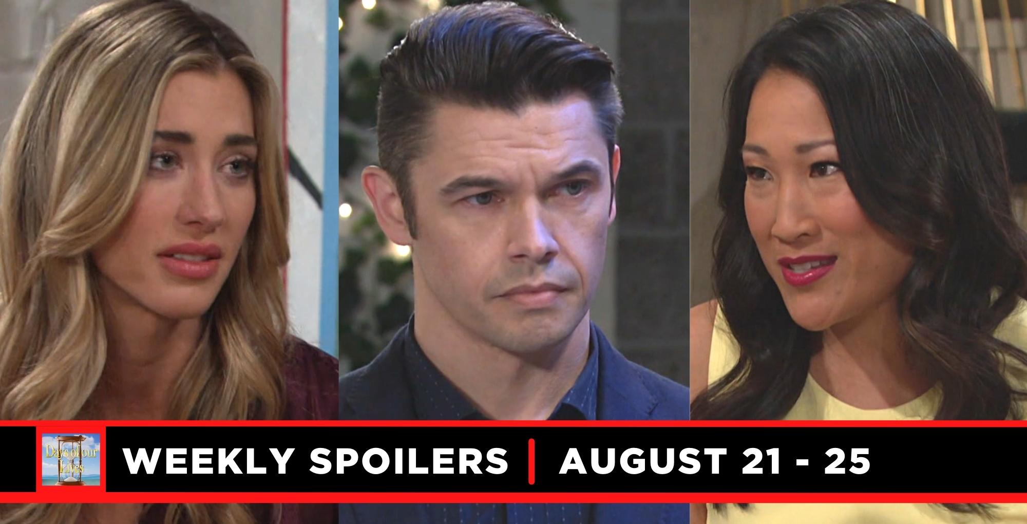 days of our lives spoilers for august 21 – august 25, 2023, three images sloan, xander, and melinda.