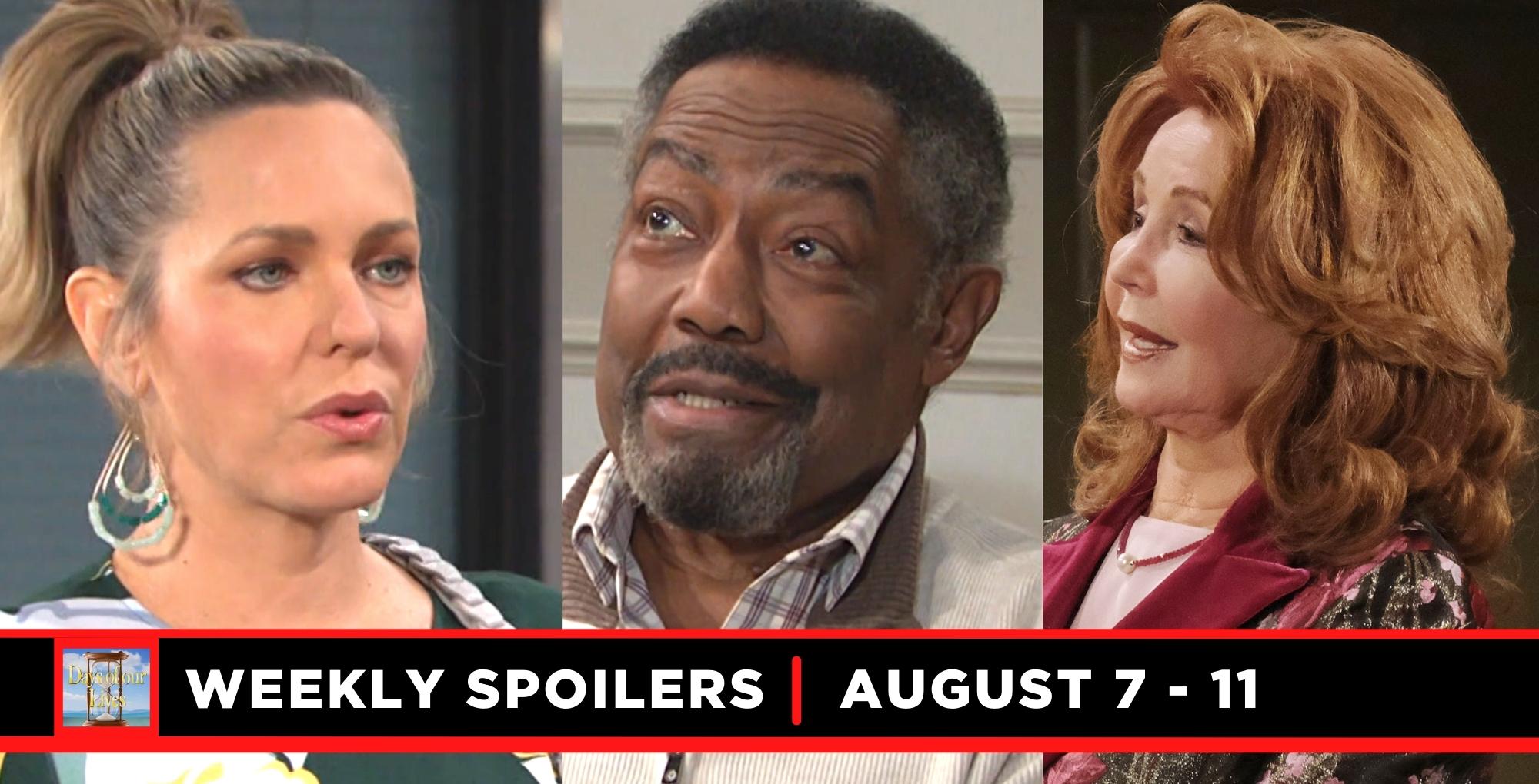 days of our lives spoilers for august 7 – august 11, 2023, three images, nicole, abe, and maggie.