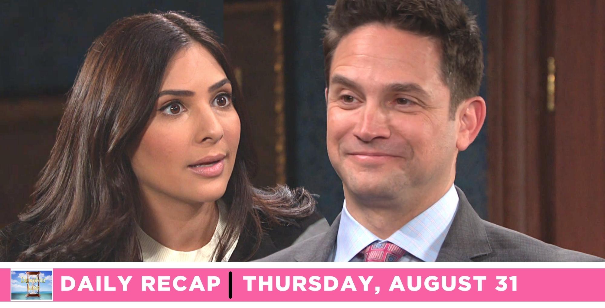 days of our lives recap for thursday, august 31, 2023, two images, gabi and stefan.