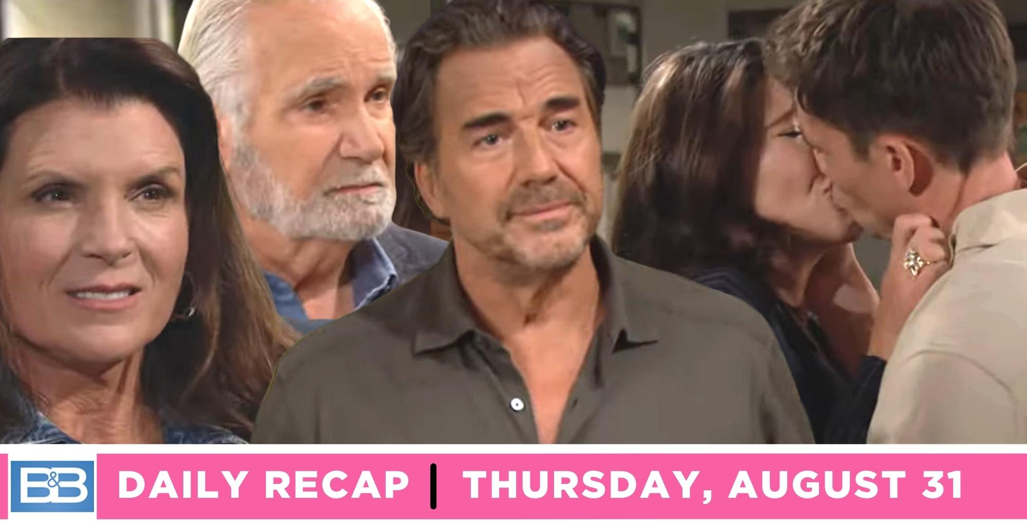 the bold and the beautiful recap for thursday, august 31, 2023, main image steffy and finn kissing, insert shots of sheila, eric, and ridge.