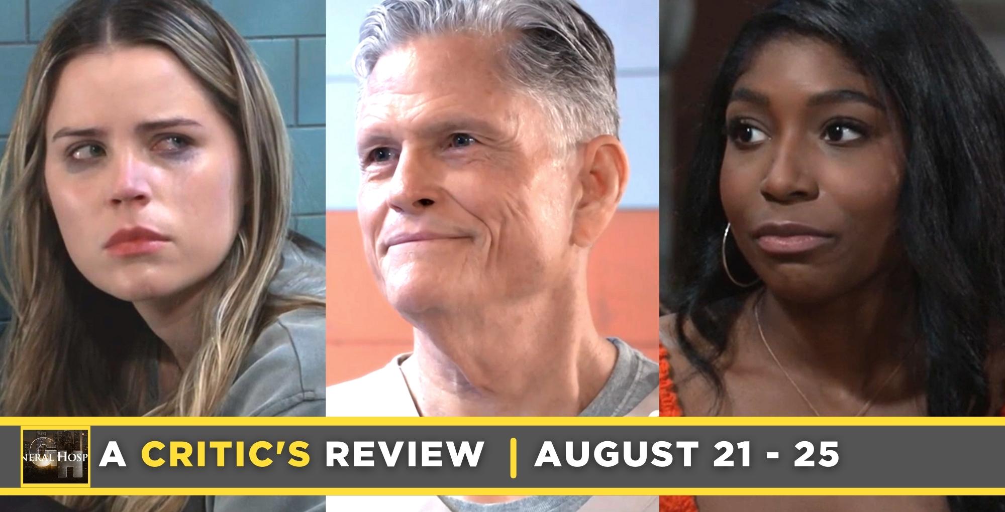 general hospital critic's review for august 21 – august 25, 2023, three images sasha, cyrus, and trina.