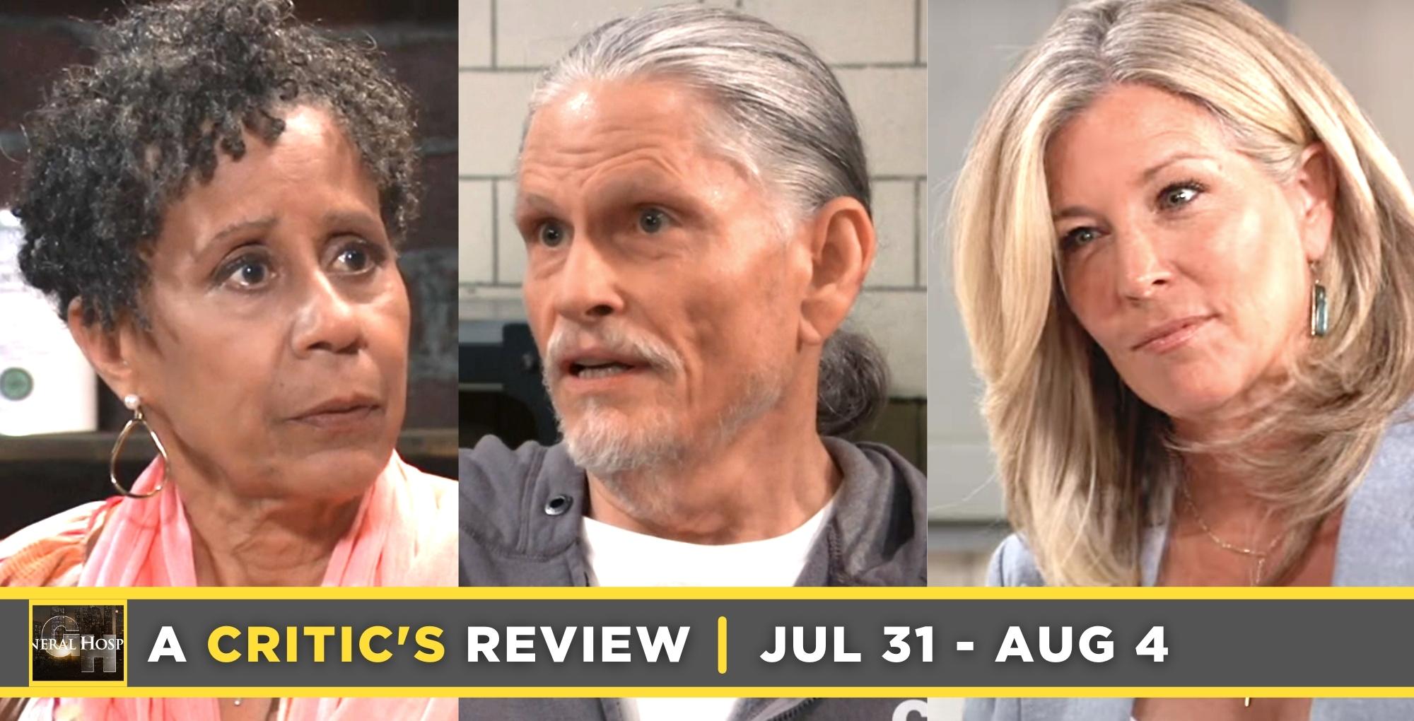 general hospital critic's review for july 31 – august 4, 2023, three images, stella, cyrus, and carly.