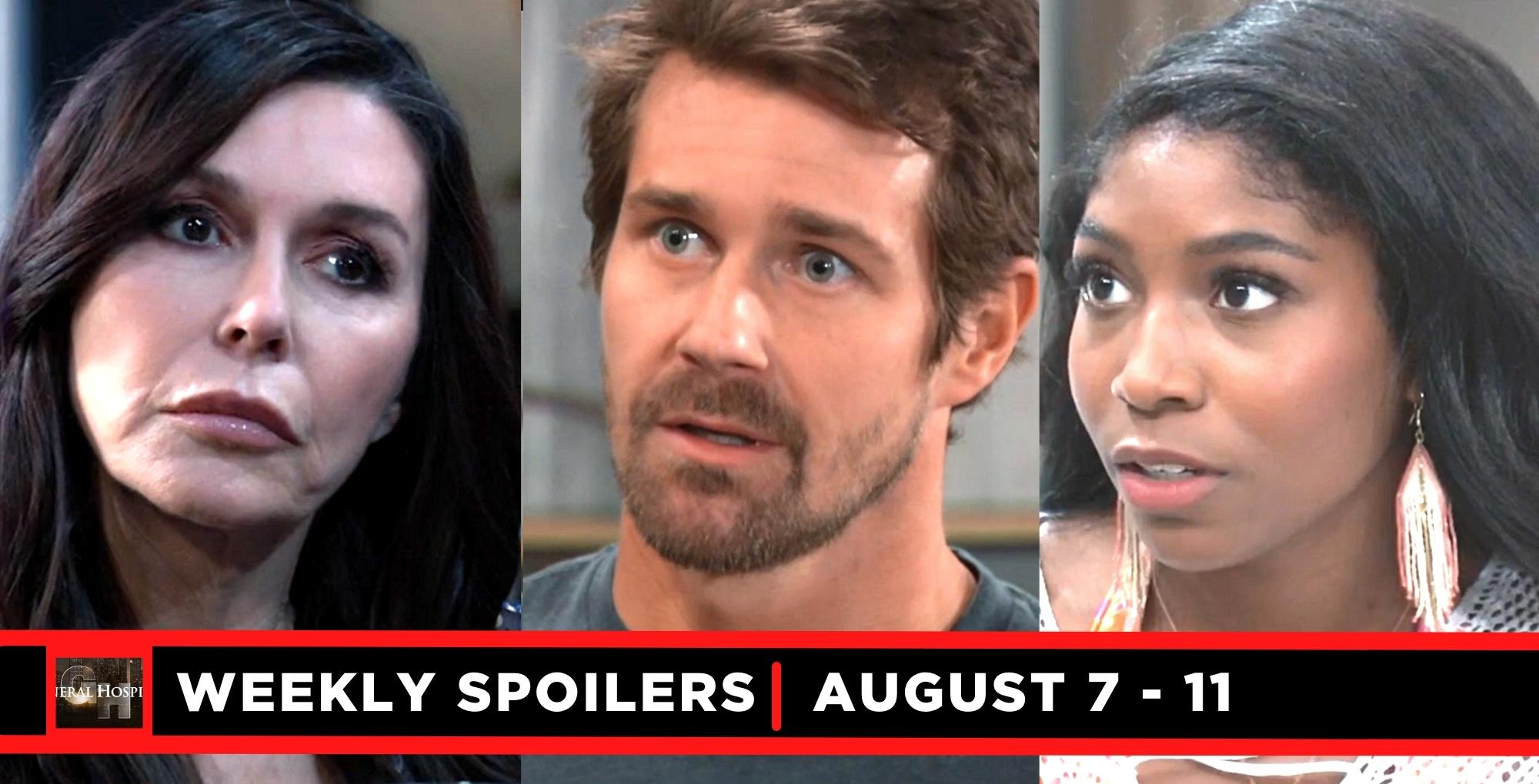 general hospital spoilers for august 7 – august 11, 2023, three images, anna, cody, and trina.