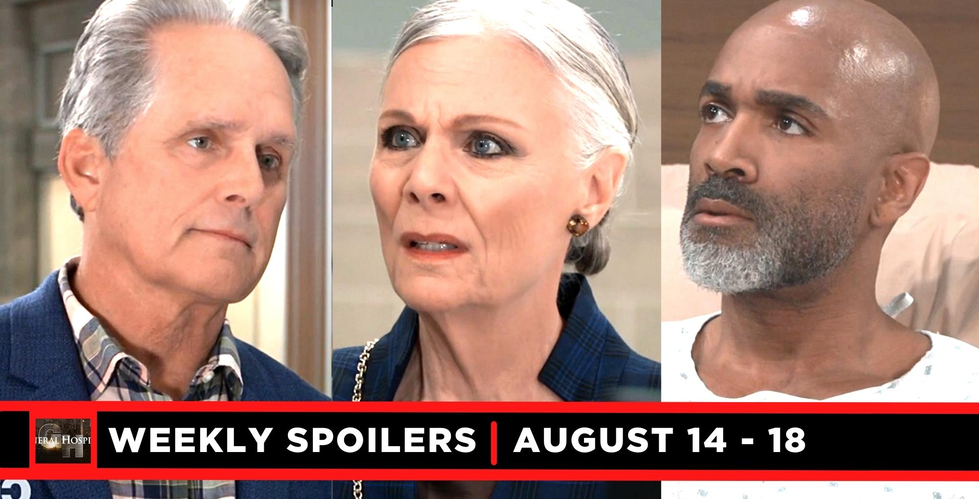 general hospital spoilers for august 14 – august 18, 2023, three images, gregory, tracy, and curtis.