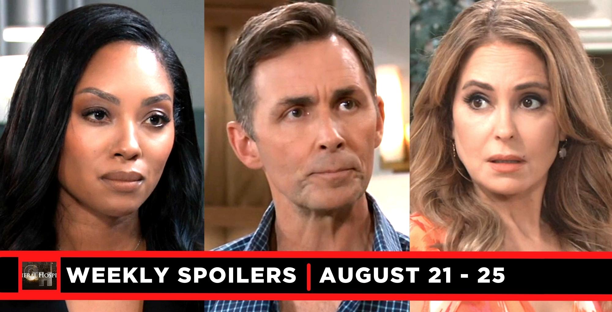 general hospital spoilers for august 21 – august 25, 2023, three images jordan, valentin, and olivia.