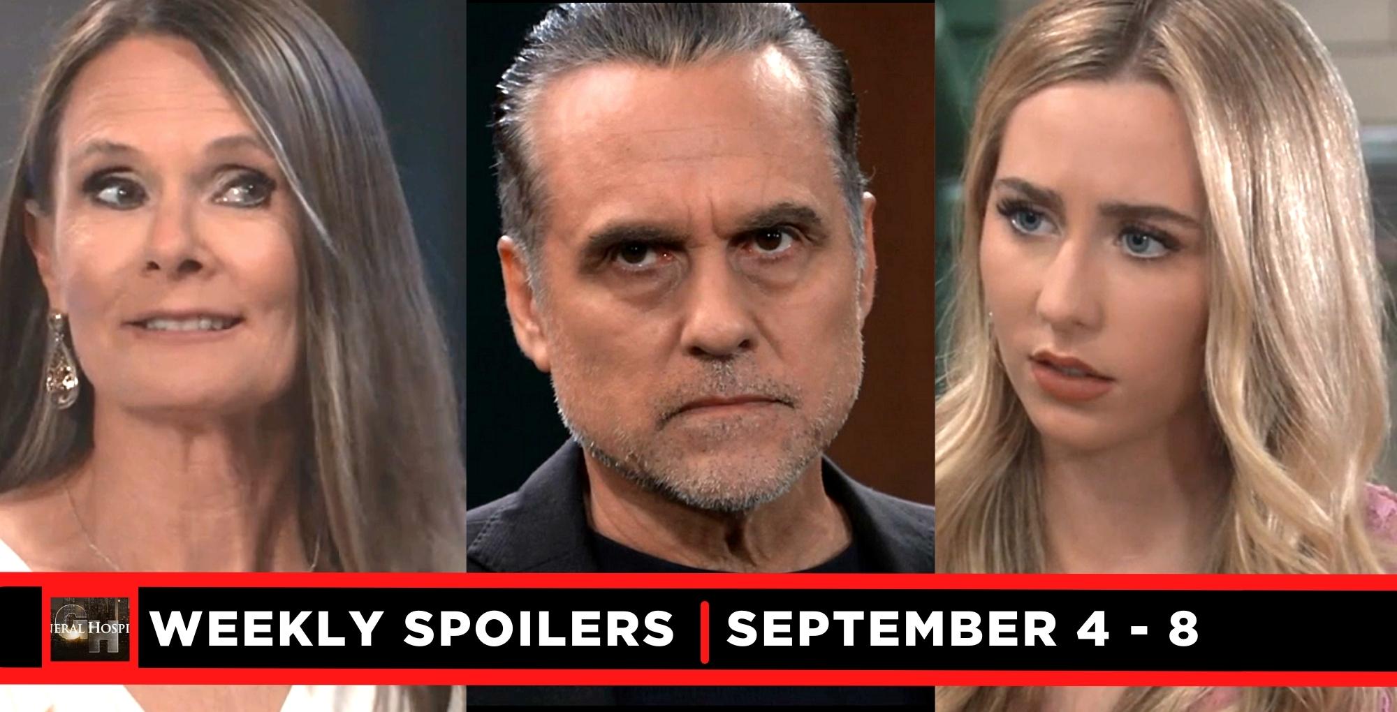 general hospital spoilers for september 4 – september 8, 2023, three images, lucy, sonny, and josslyn.