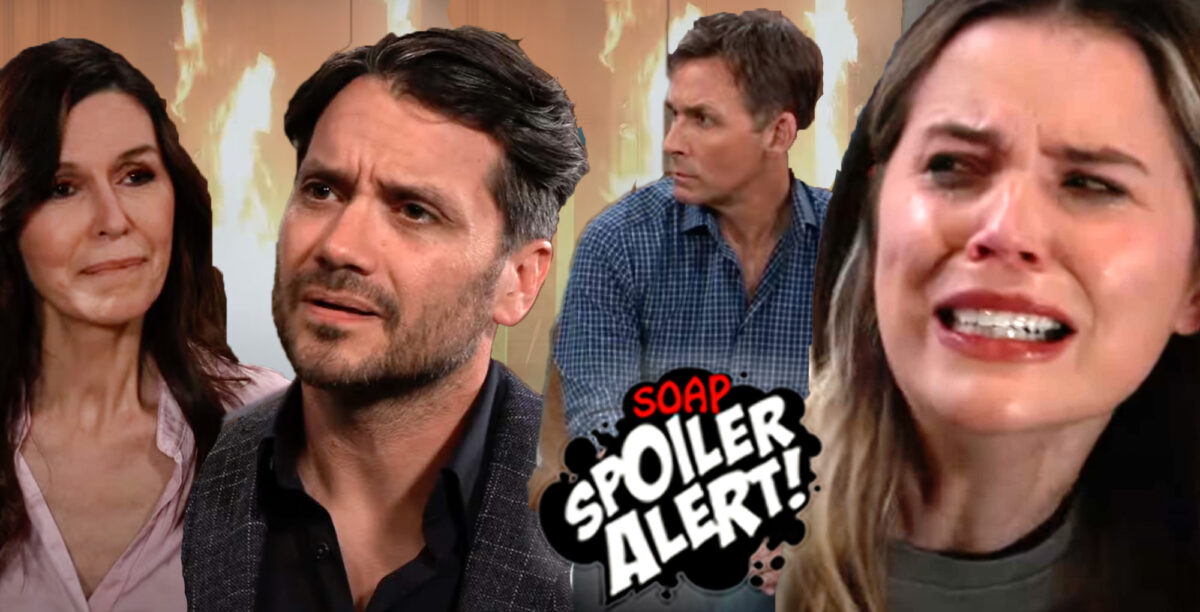 gh spoilers video collage with fire behind anna, dante, valentine, sasha at ferncliff.