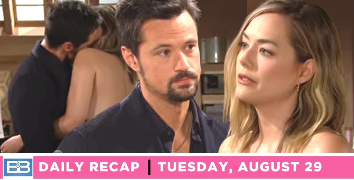 the bold and the beautiful recap for tuesday, 29, 2023, main image thomas and hope locking lips, insert images of thomas and hope.
