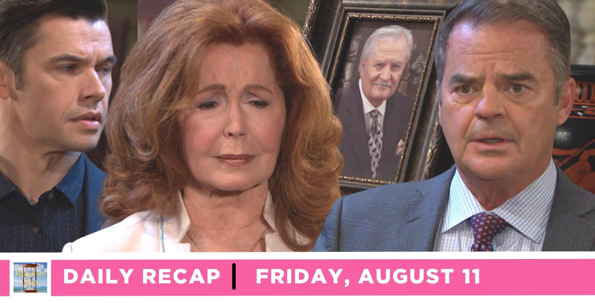 days of our lives recap for friday, august 11, 2023, collage of images including xander, maggie, and justin.