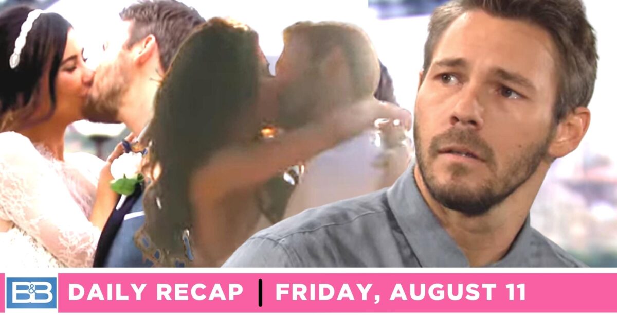the bold and the beautiful recap for friday, august 11, 2023, collage of photos featuring steffy and liam smooching, one image of a wistful liam.