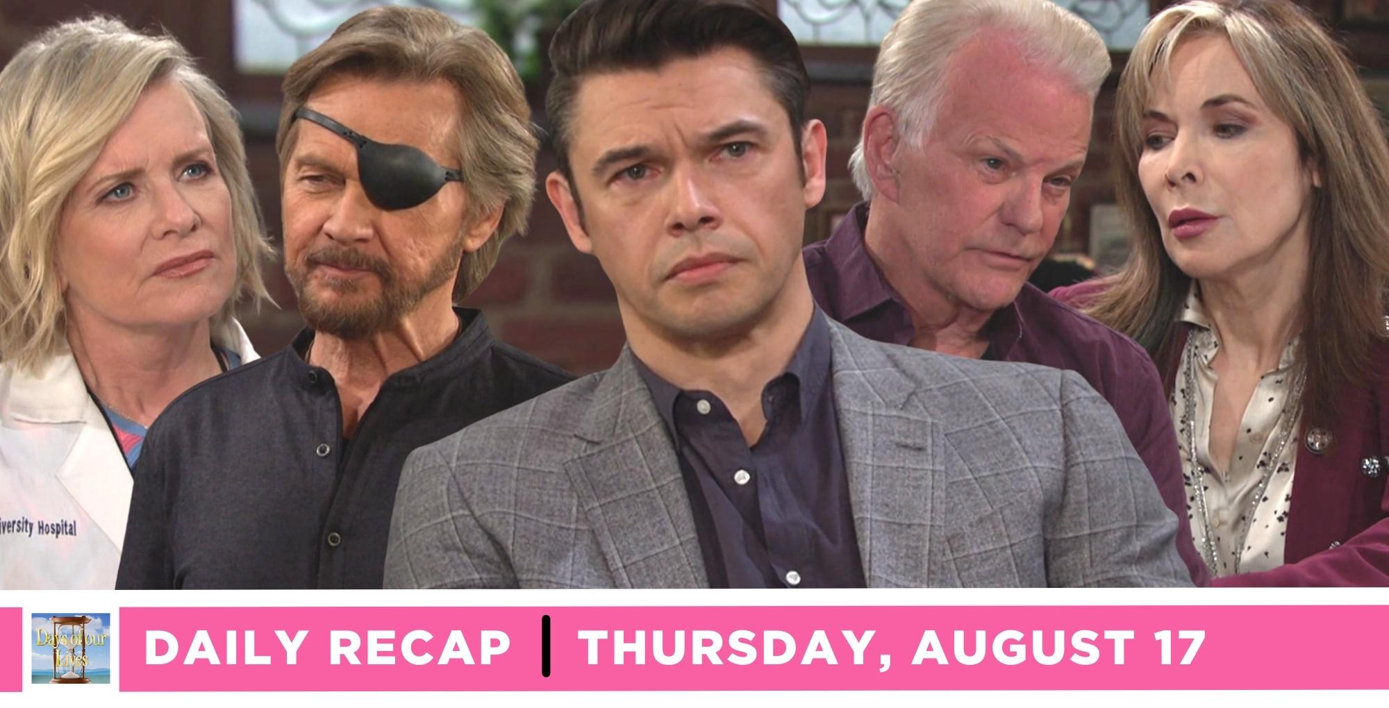 days of our lives recap for thursday, august 17, 2023, collage of photos featuring characters suh as kayla, xander, and kate.