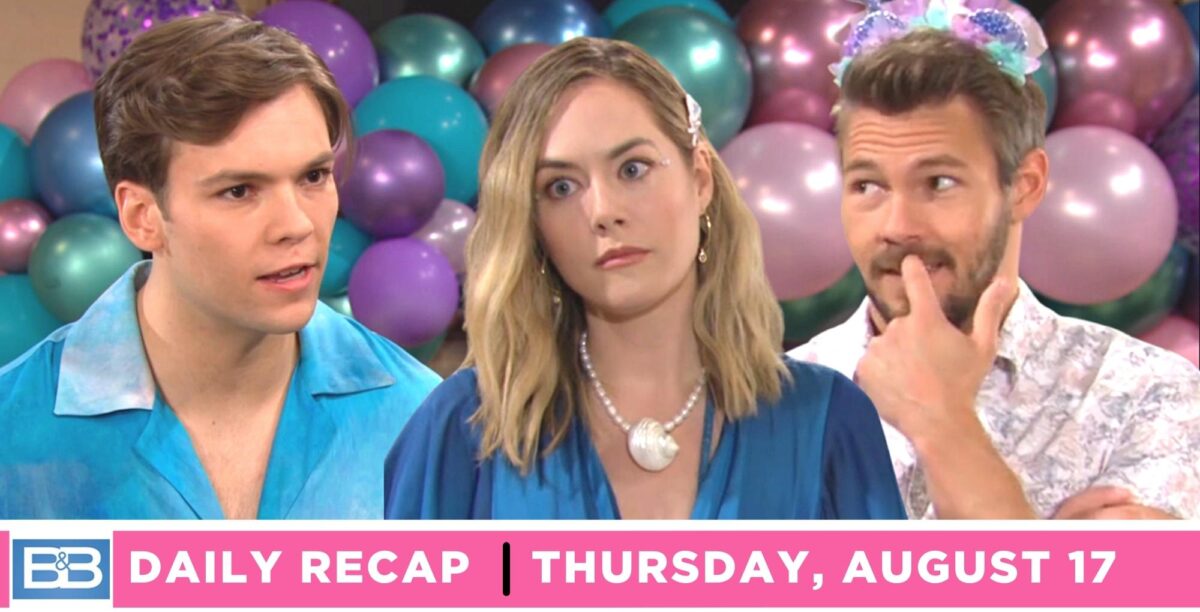 the bold and the beautiful recap for thursday, august 17, 2023, three images, rj, hope, and liam.