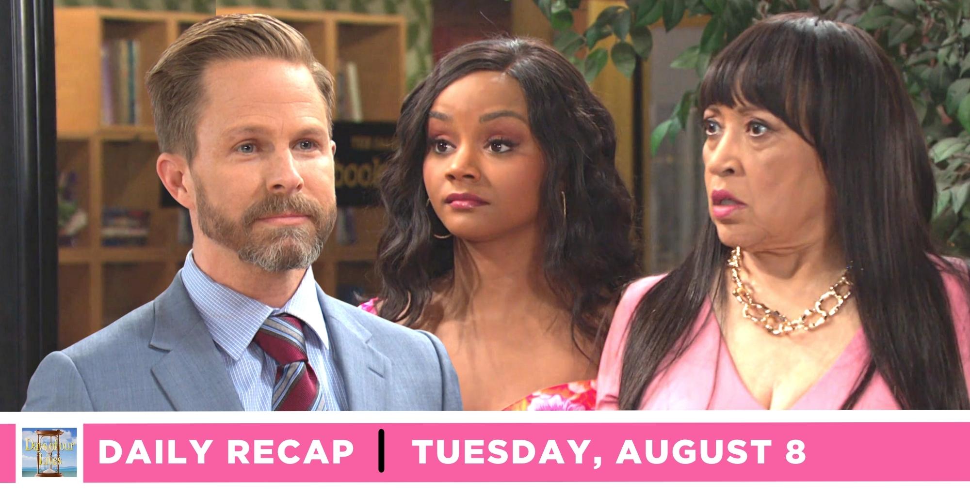 days of our lives recap for tuesday, august 8, 2023, three images rawlins, chanel, and paulina.