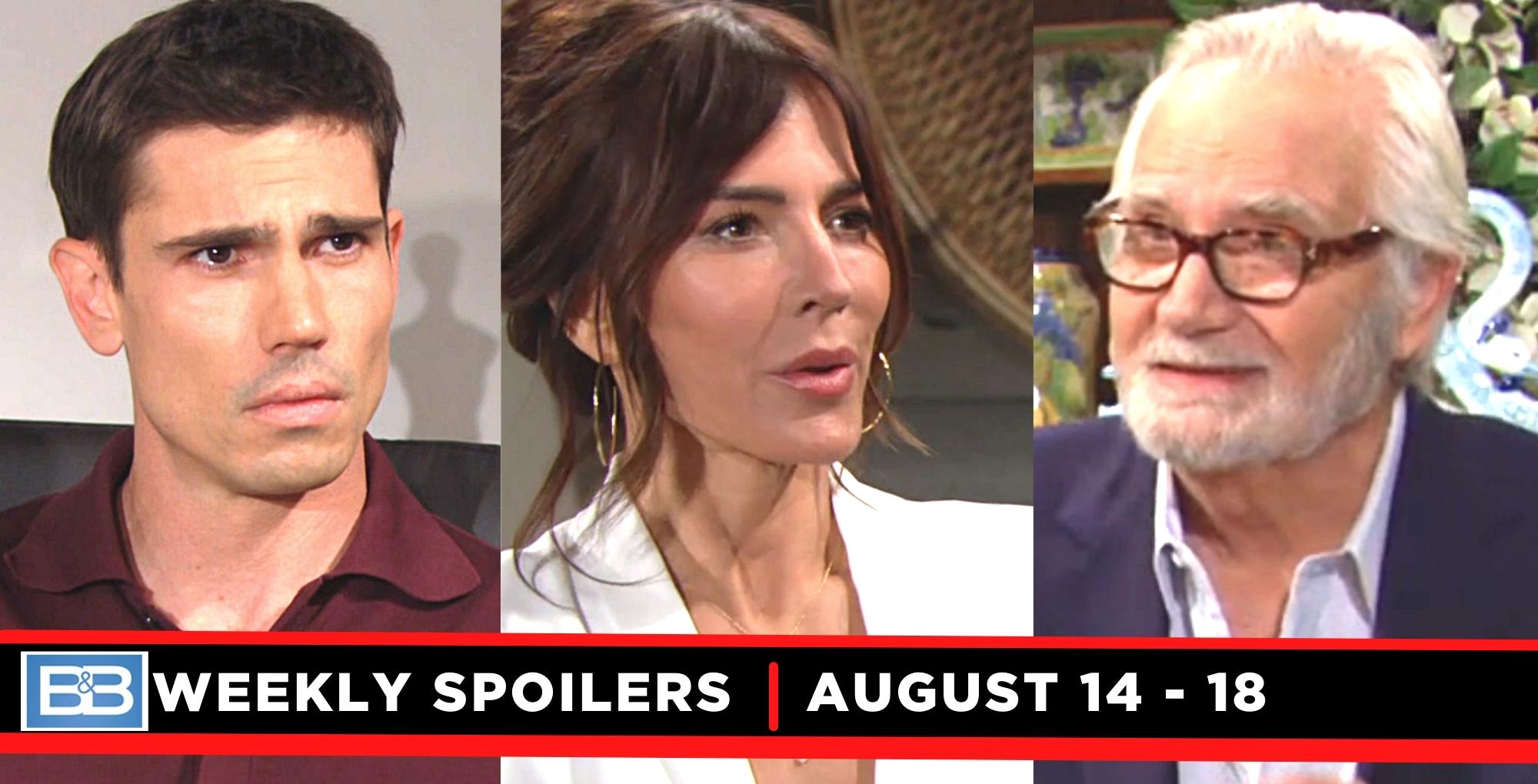 weekly the bold and the beautiful spoilers for august 14-18, 2023 have three images, finn, taylor, eric.
