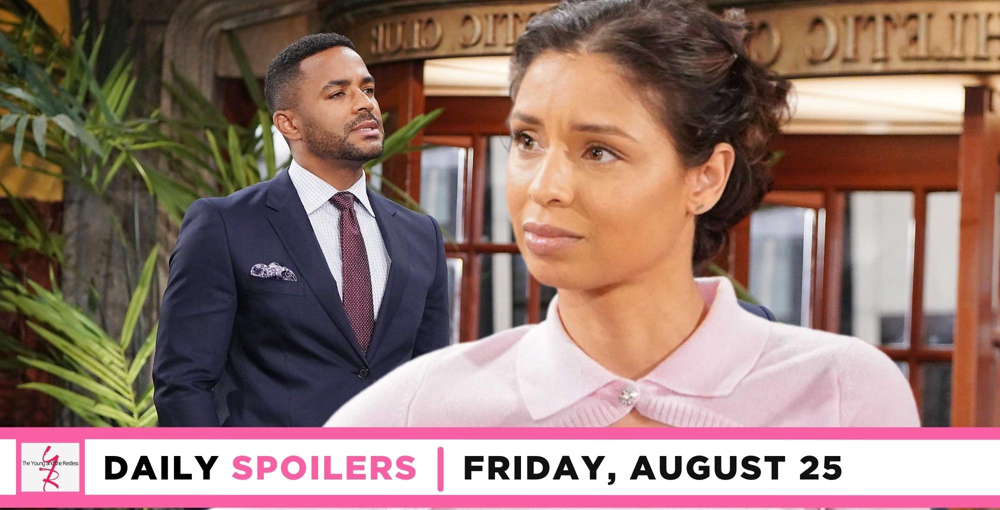 young and the restless spoilers for august 25, 2023, has nate in the background with elena in the foreground.