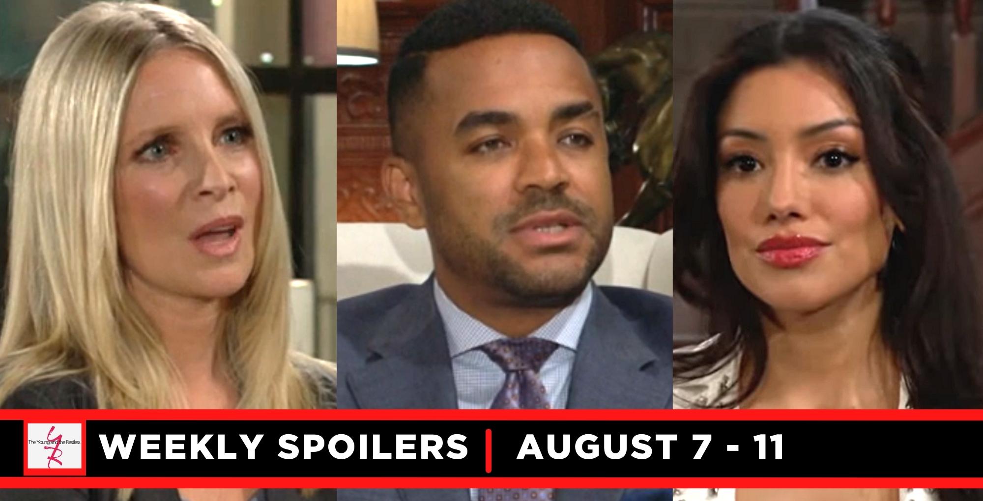 the young and the restless spoilers for august 7 – august 11, 2023, three images, christine, nate, and audra.