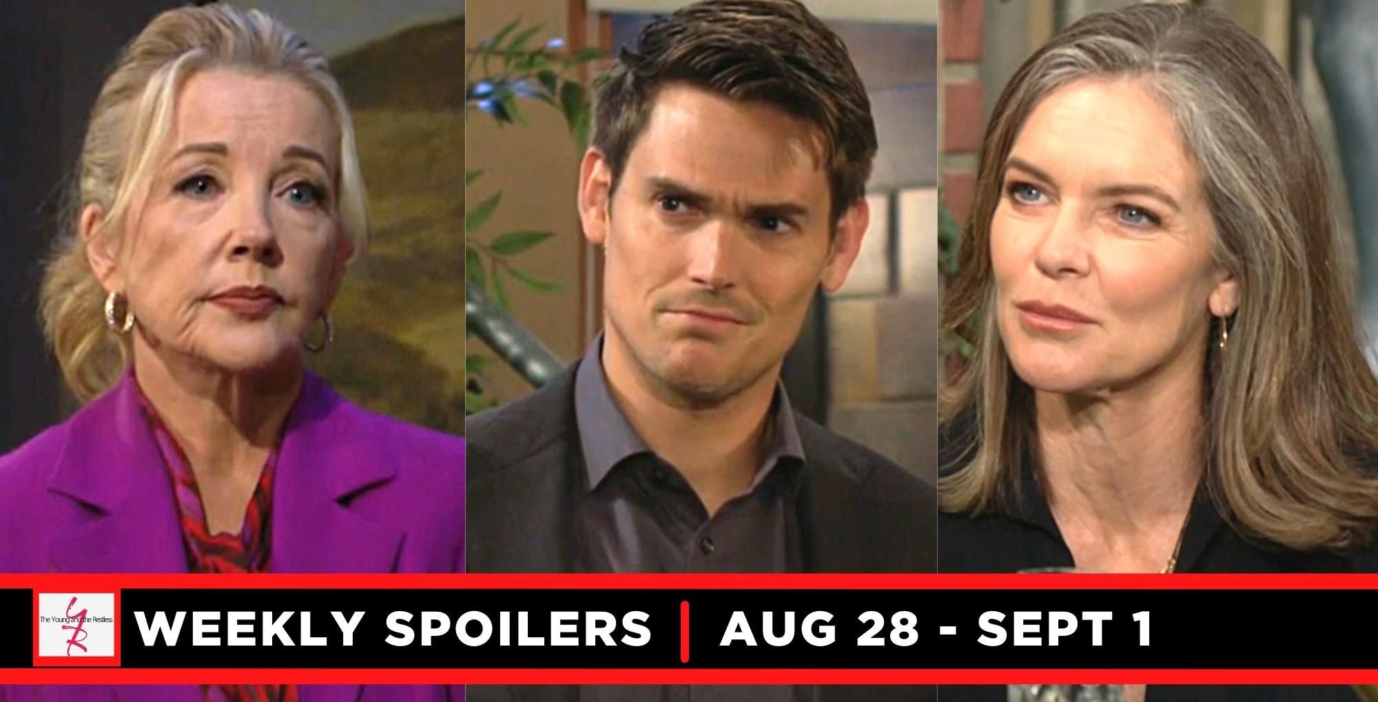 the young and the restless spoilers for august 28 – september 1, 2023, three images, nikki, adam, and diane.