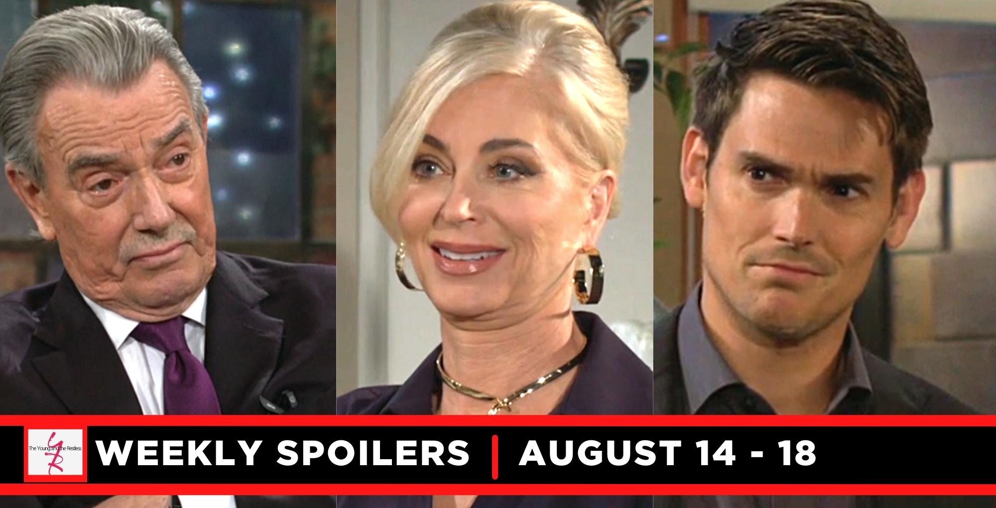 the young and the restless spoilers for august 14 – august 18, 2023, three images, victor, ashley, and adam.