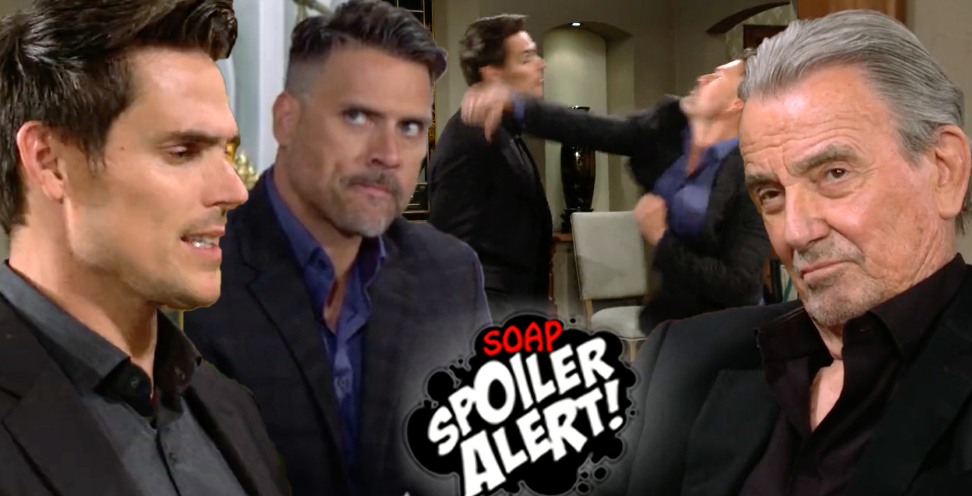 y&r spoilers video collage of adam and nick looking mad, then fighting, victor amused.