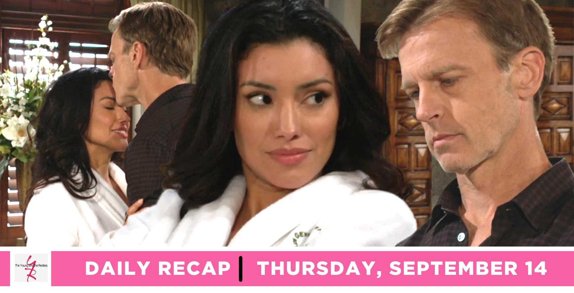 the young and the restless recap for september 14, 2023, has audra in a bathrobe kissing tucker and another shot next to him.