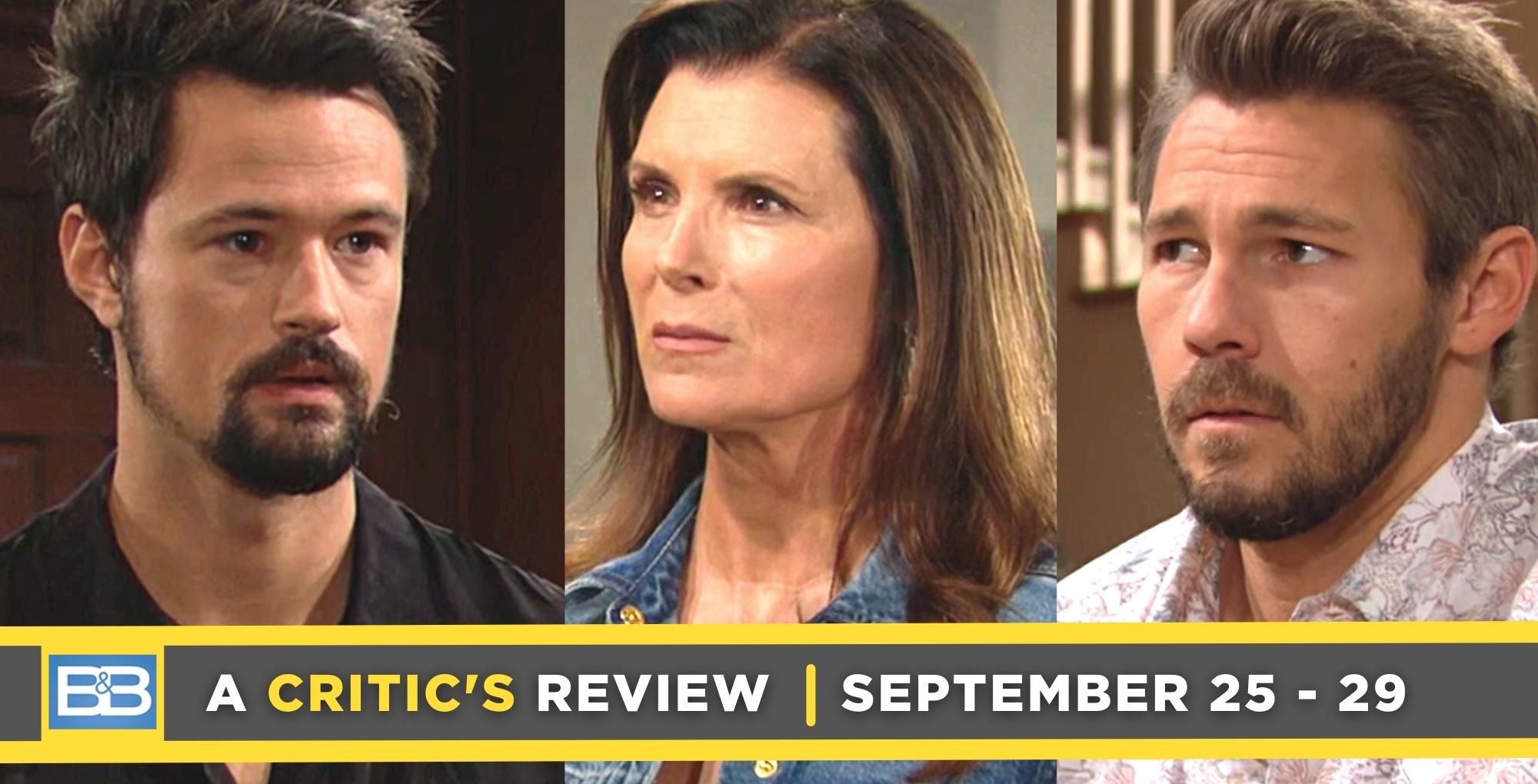 the bold and the beautiful critic's review for september 25 – september 29, 2023, three images, thomas, sheila, and liam.