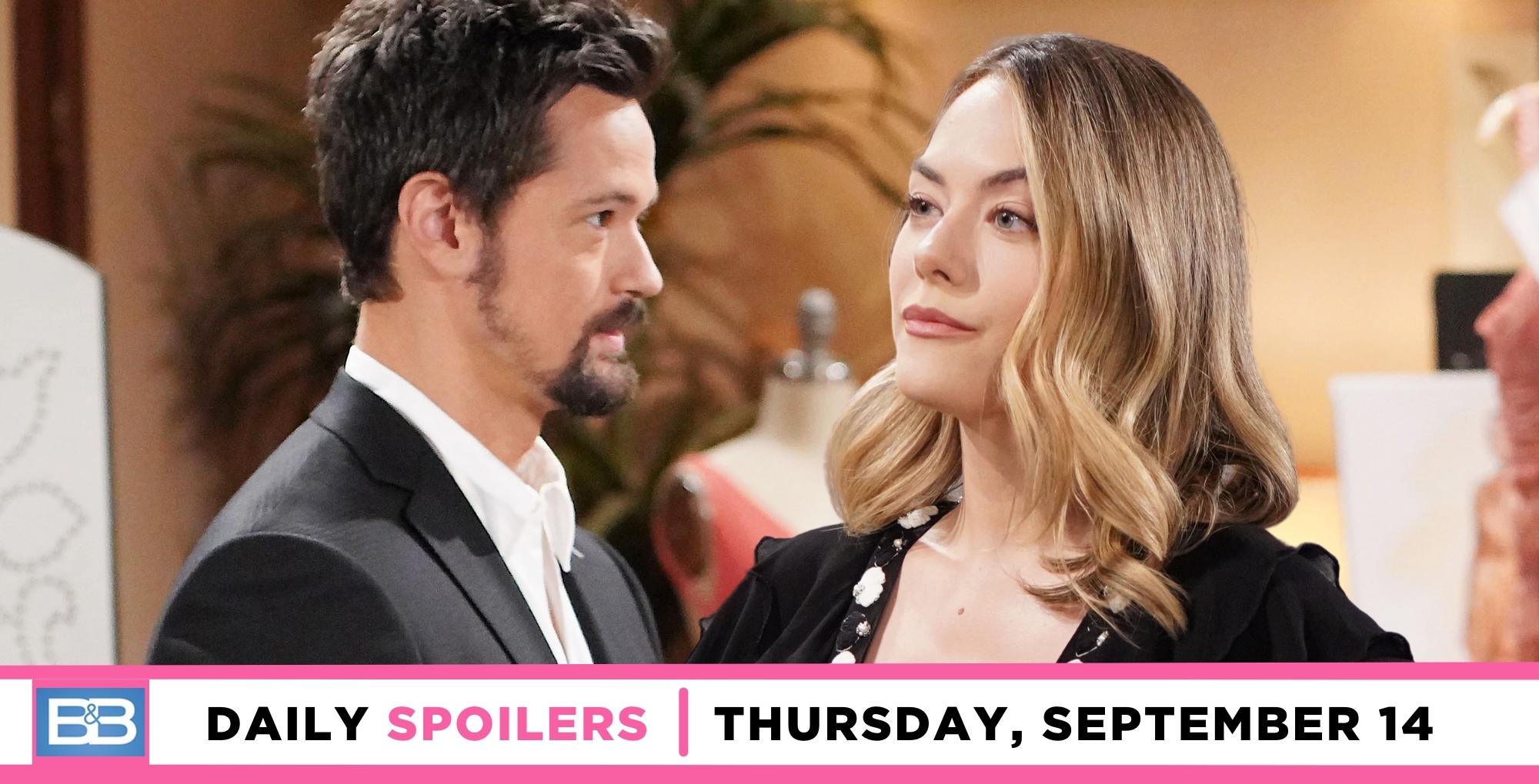 bold and the beautiful spoilers for september 14, 2023, have thomas and hope talking.