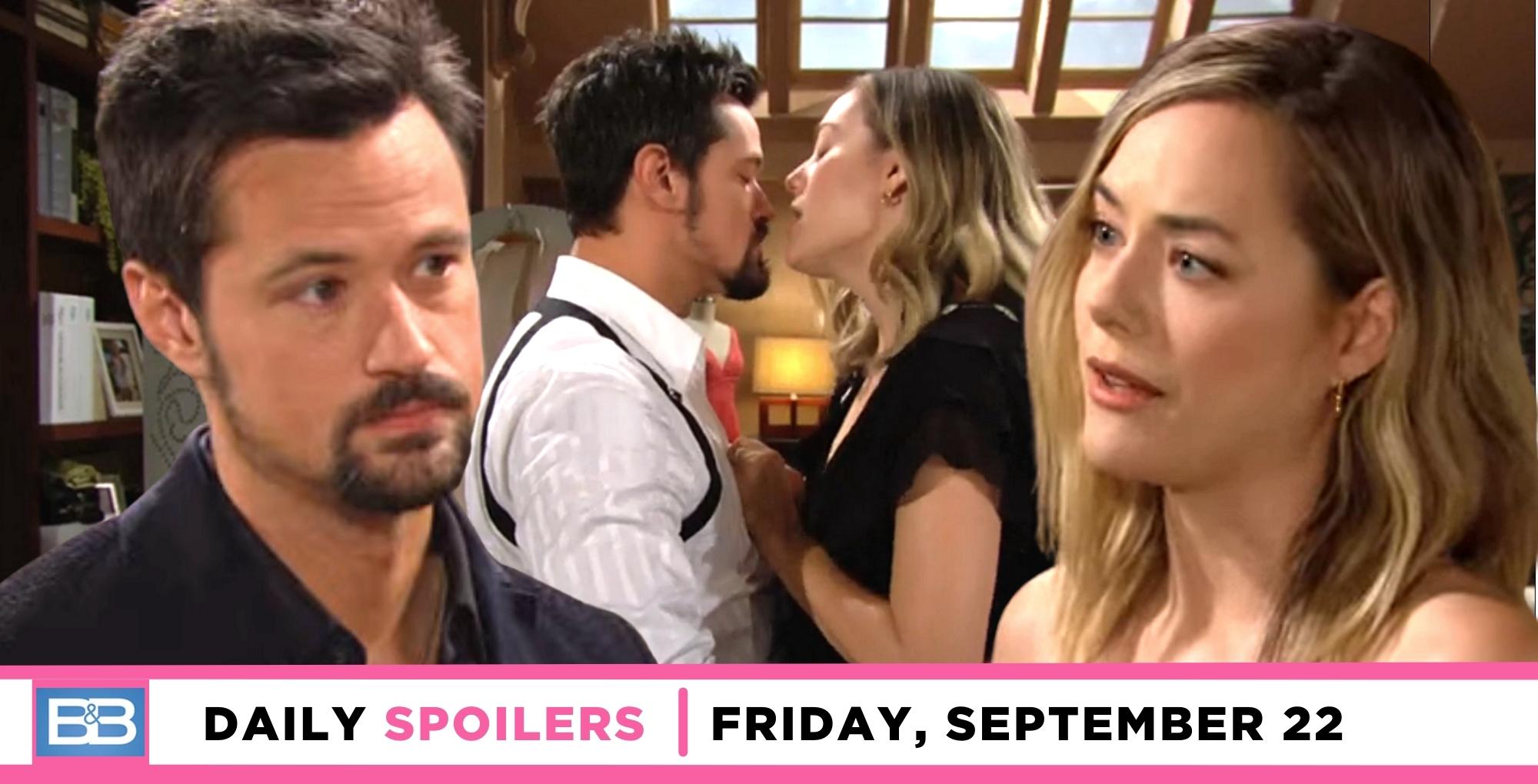 bold and the beautiful spoilers for september 22, 2023, has thomas looking at hope and the two about to kiss in the background.