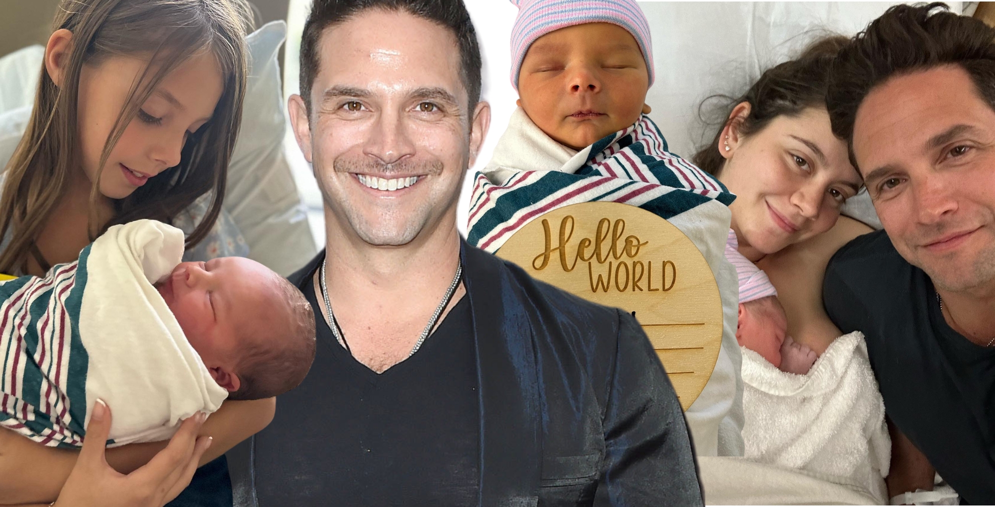 a collage of images of brandon barash from days of our lives and his wife and son.