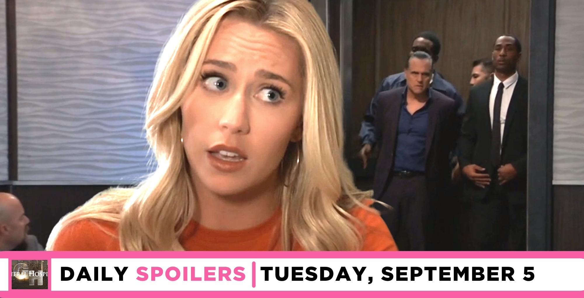 general hospital spoilers for september 5, 2023, has joss in front and sonny's arrest in the background.