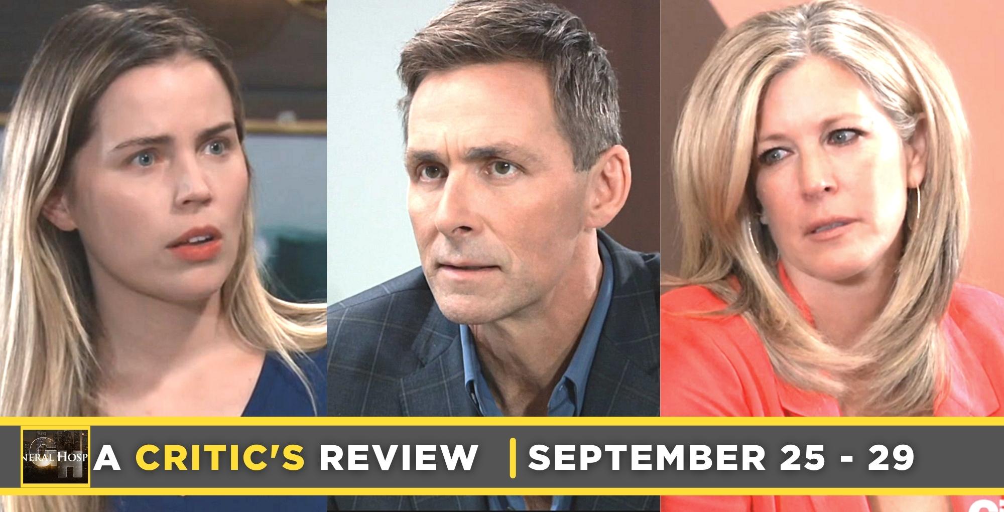 general hospital critic's review for september 25 – september 29, 2023, three images, sasha, valentin, and carly.