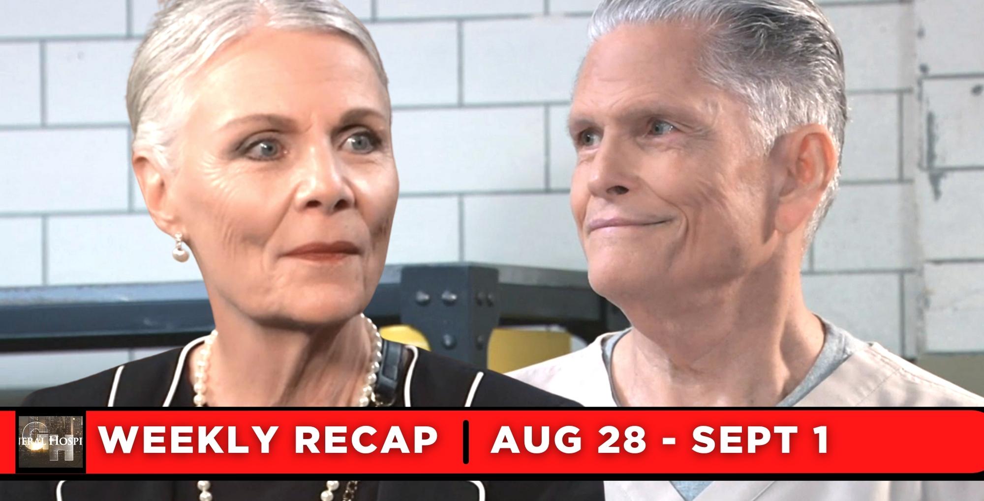 general hospital recaps for august 28 – september 1, 2023, two images, tracy and cyrus.