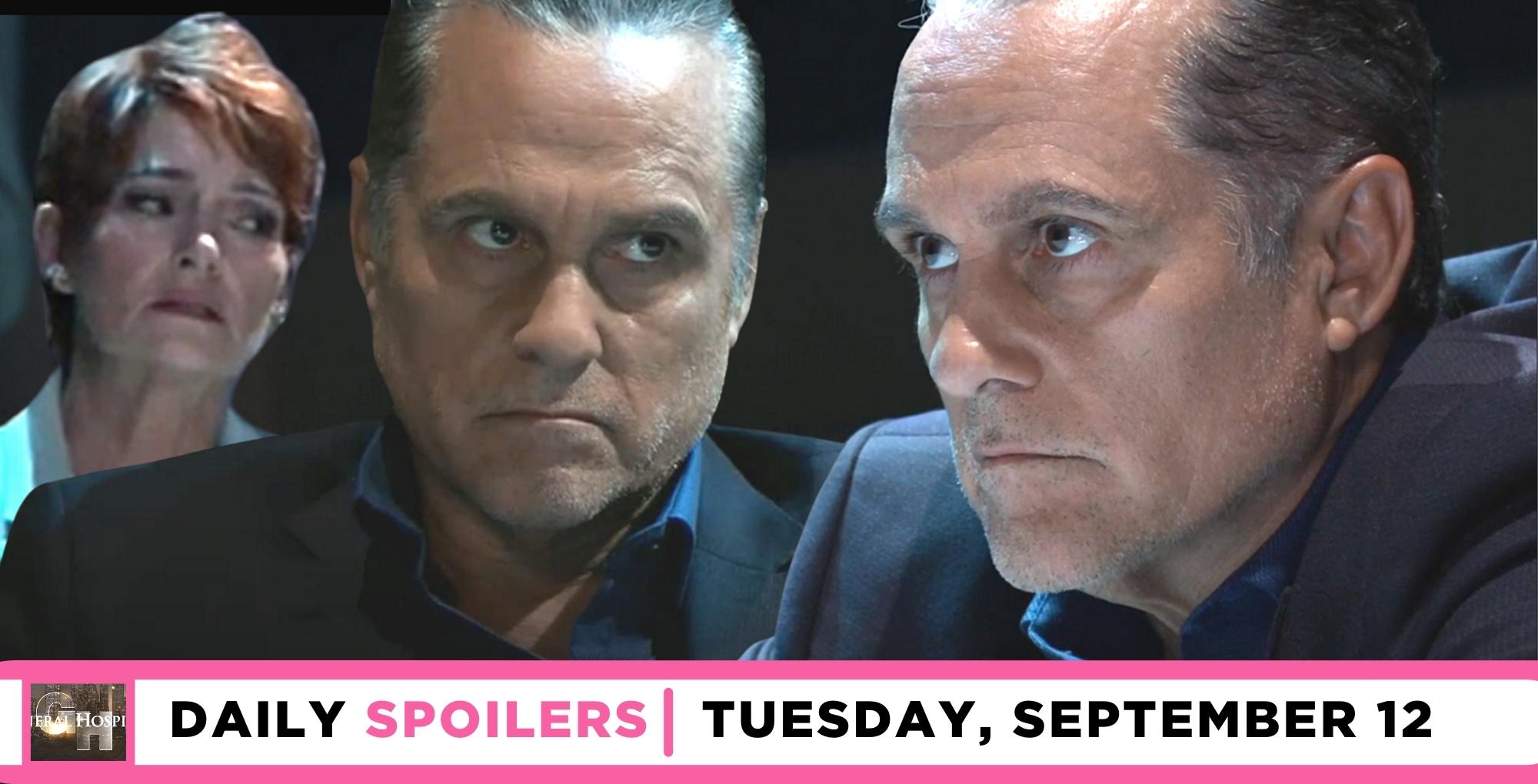 general hospital spoilers for september 12, 2023, have diane in the background and two images of sonny.
