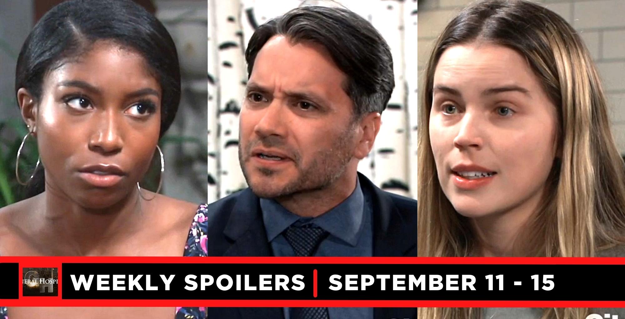 general hospital spoilers for september 11-15, 2023, three images, trina, dante, and sasha.