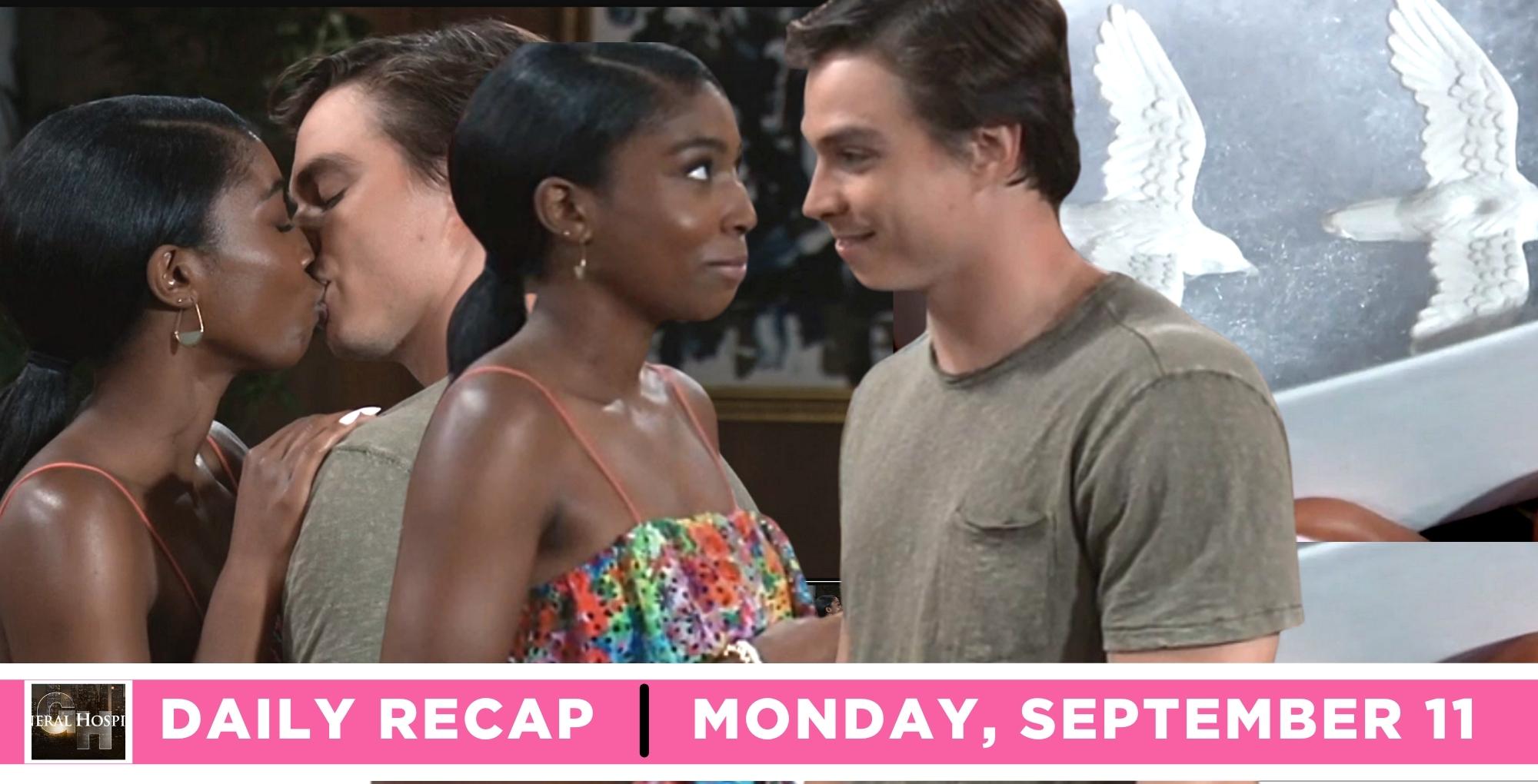 general hospital recap for september 11, 2023, has spencer and trina kissing, smliing and two turtle doves.