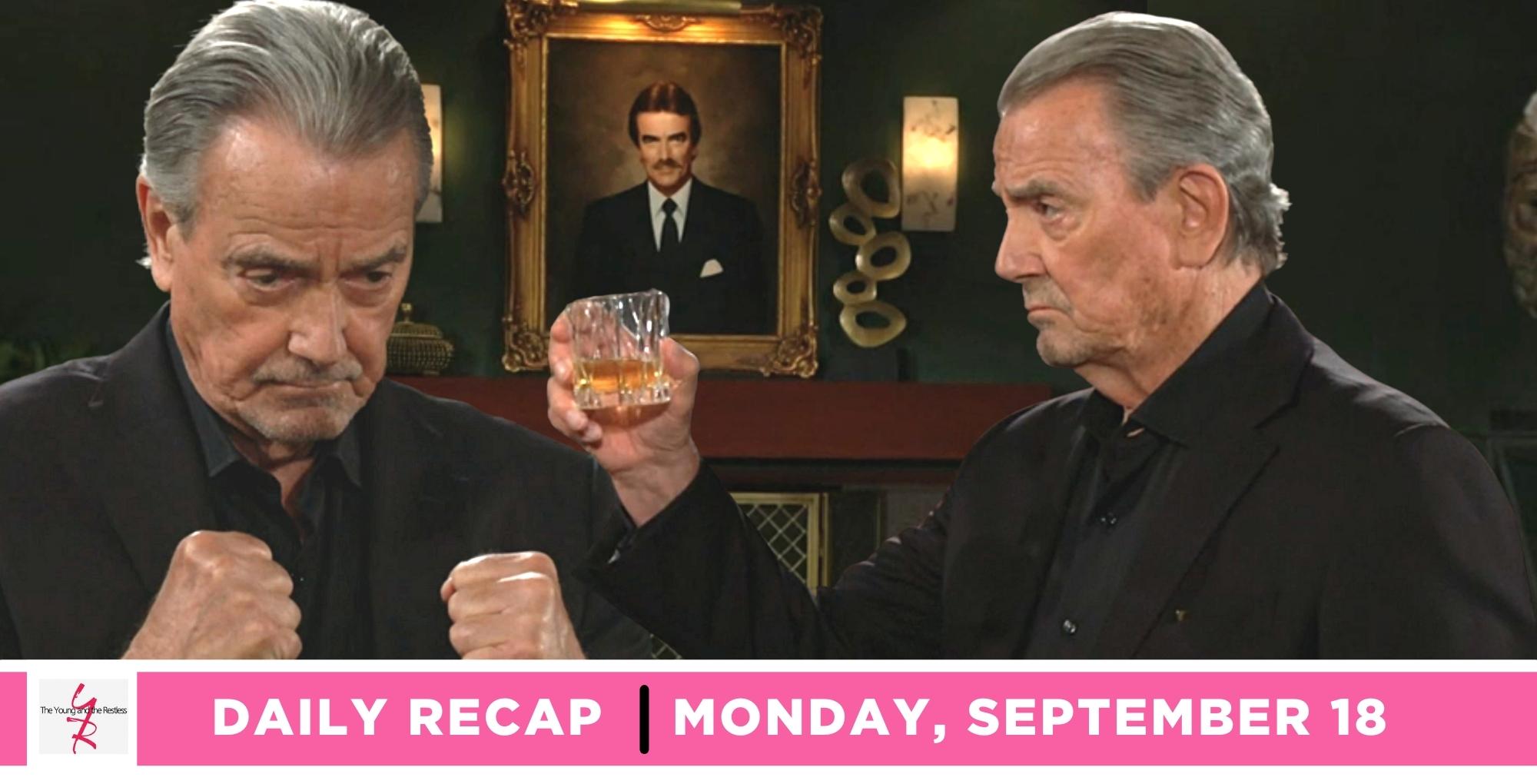 young and the restless recap for september 18, 2023, has two images of victor newman and his portrait on the wall.