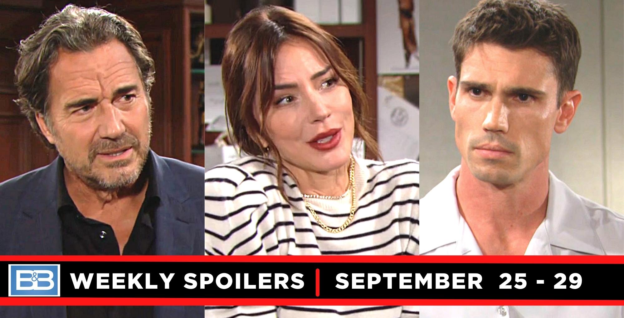 the bold and the beautiful spoilers for september 25 - 29, 2023, have ridge, taylor, and finn.