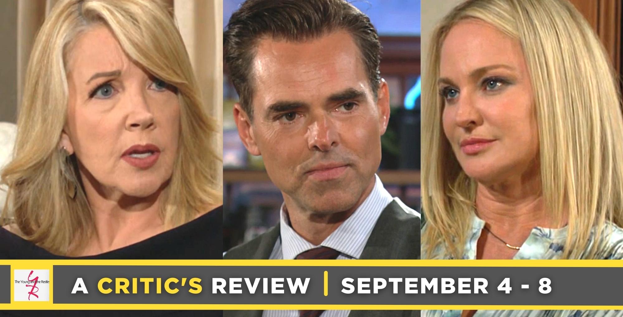 the young and the restless critic's review for september 4 – september 8, 2023, three images, nikki, billy, and sharon.