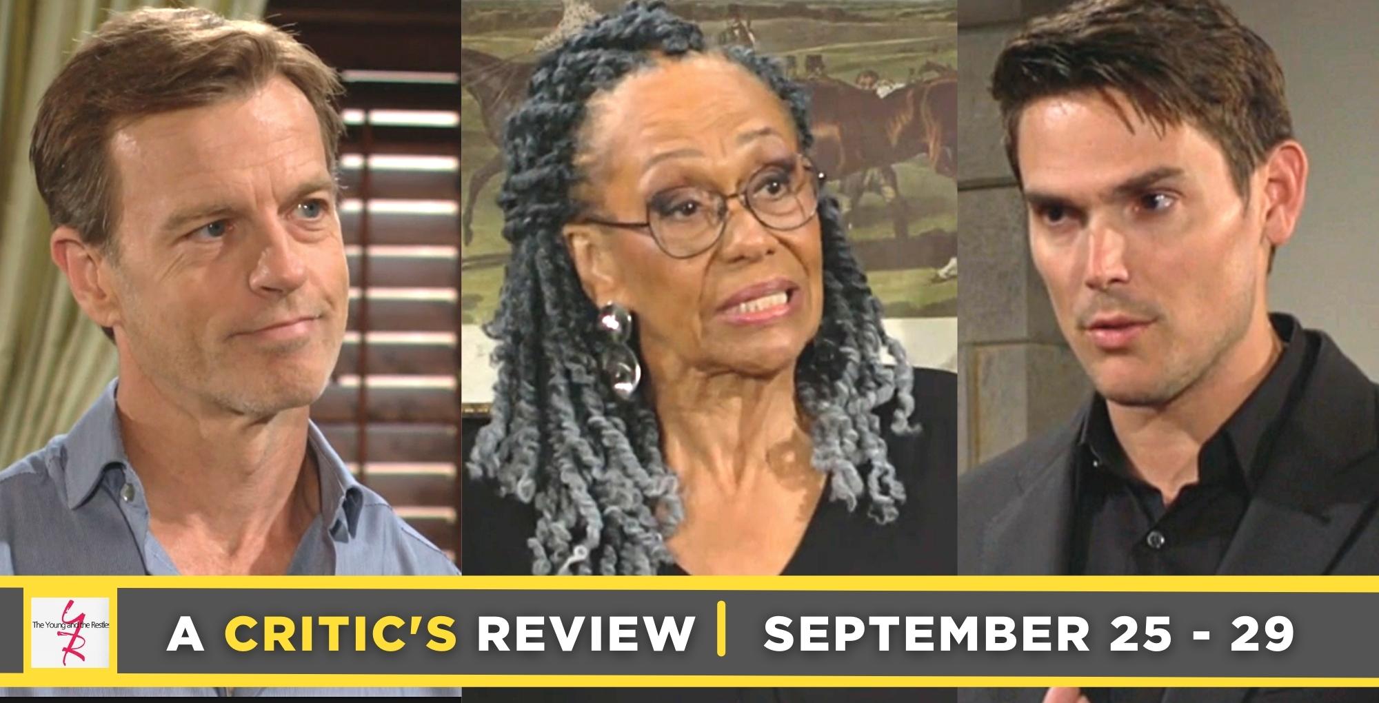 the young and the restless critic's review for september 25 – september 29, 2023, three images, tucker, mamie, and adam.
