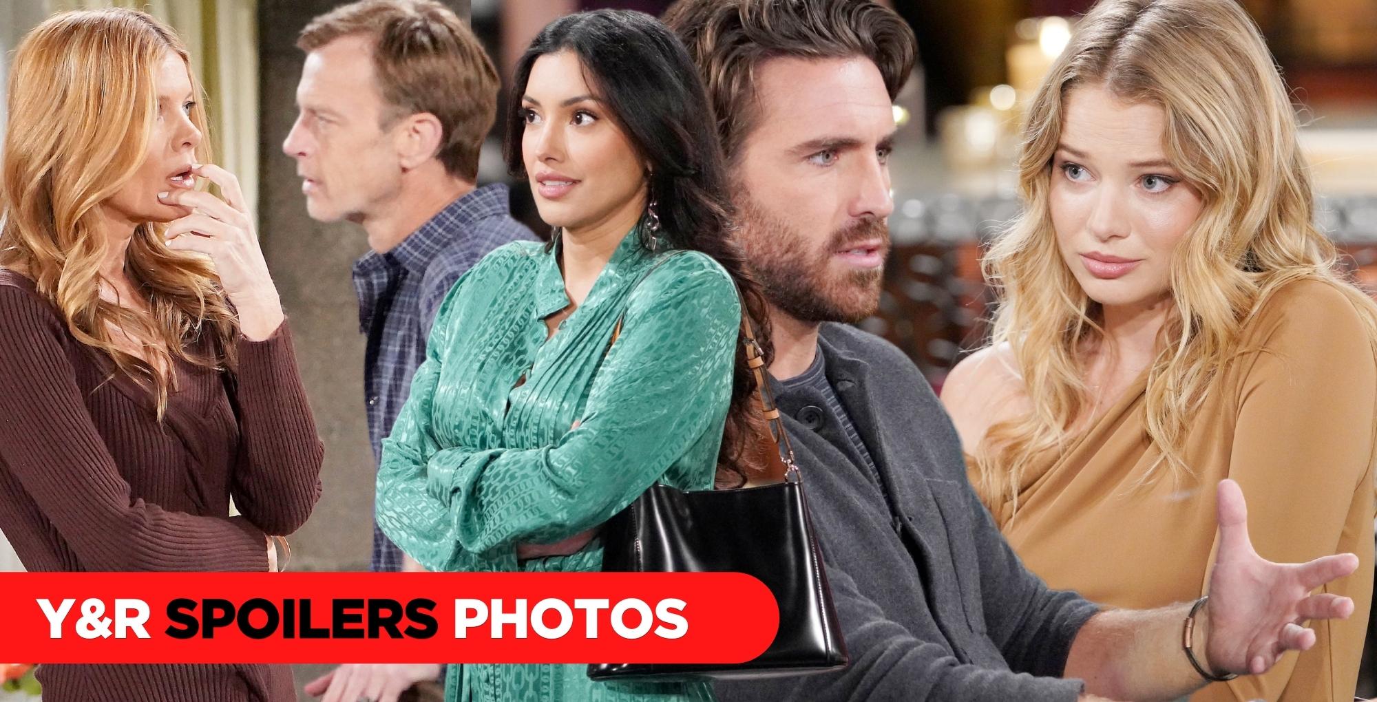 y&r spoilers photos for september 28, 2023, a collage of folks including phyllis, tucker, audra, chance, and summer.