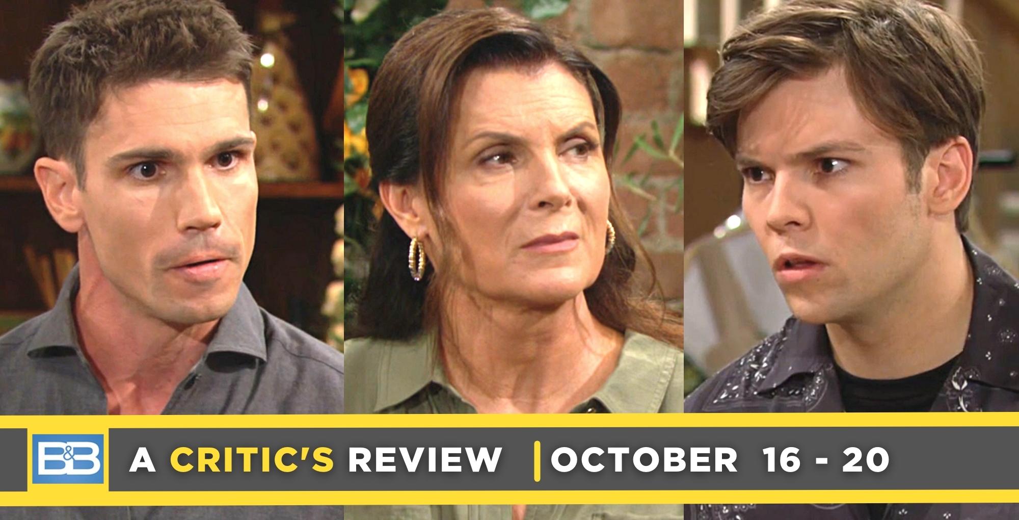 the bold and the beautiful critic's review for october 16 – october 20, 2023, three images, finn, sheila, and rj.