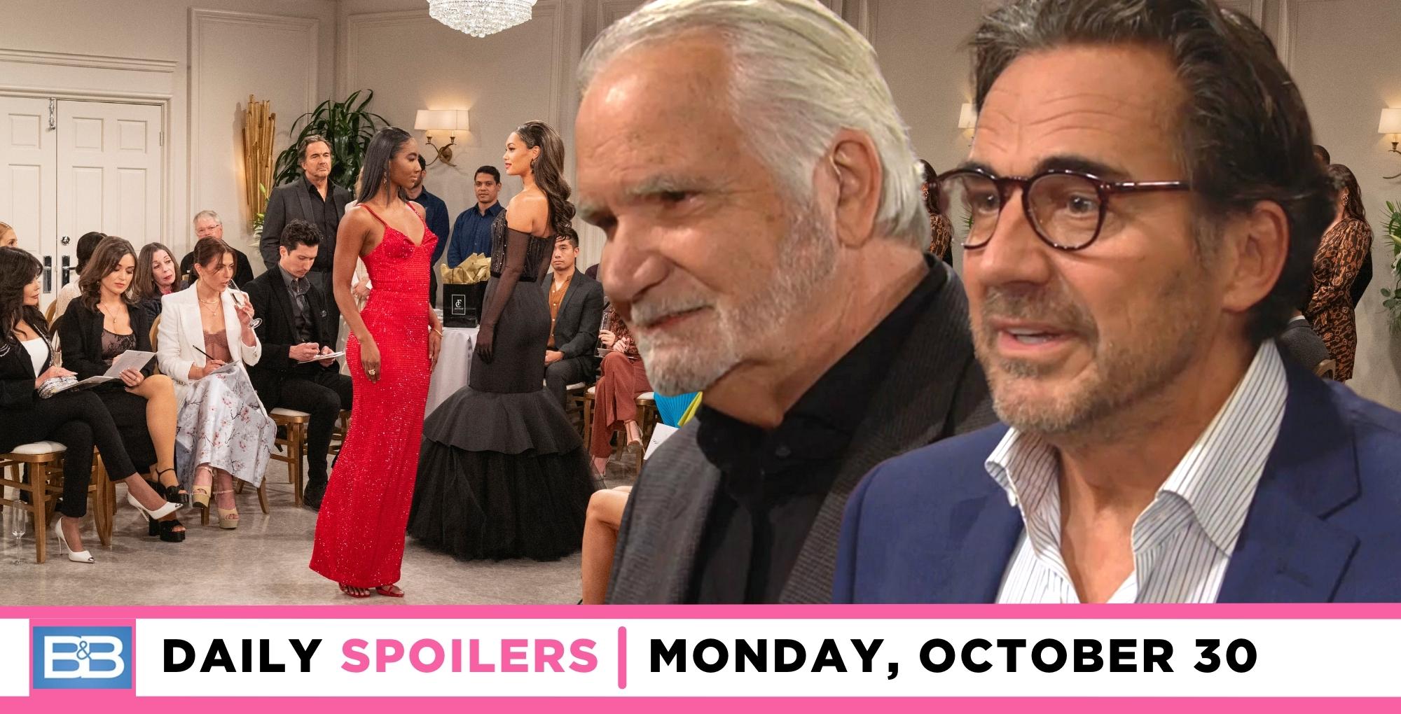 the bold and the beautiful spoilers for october 30, 2023, episode 9137, has models watched by eric and ridge.