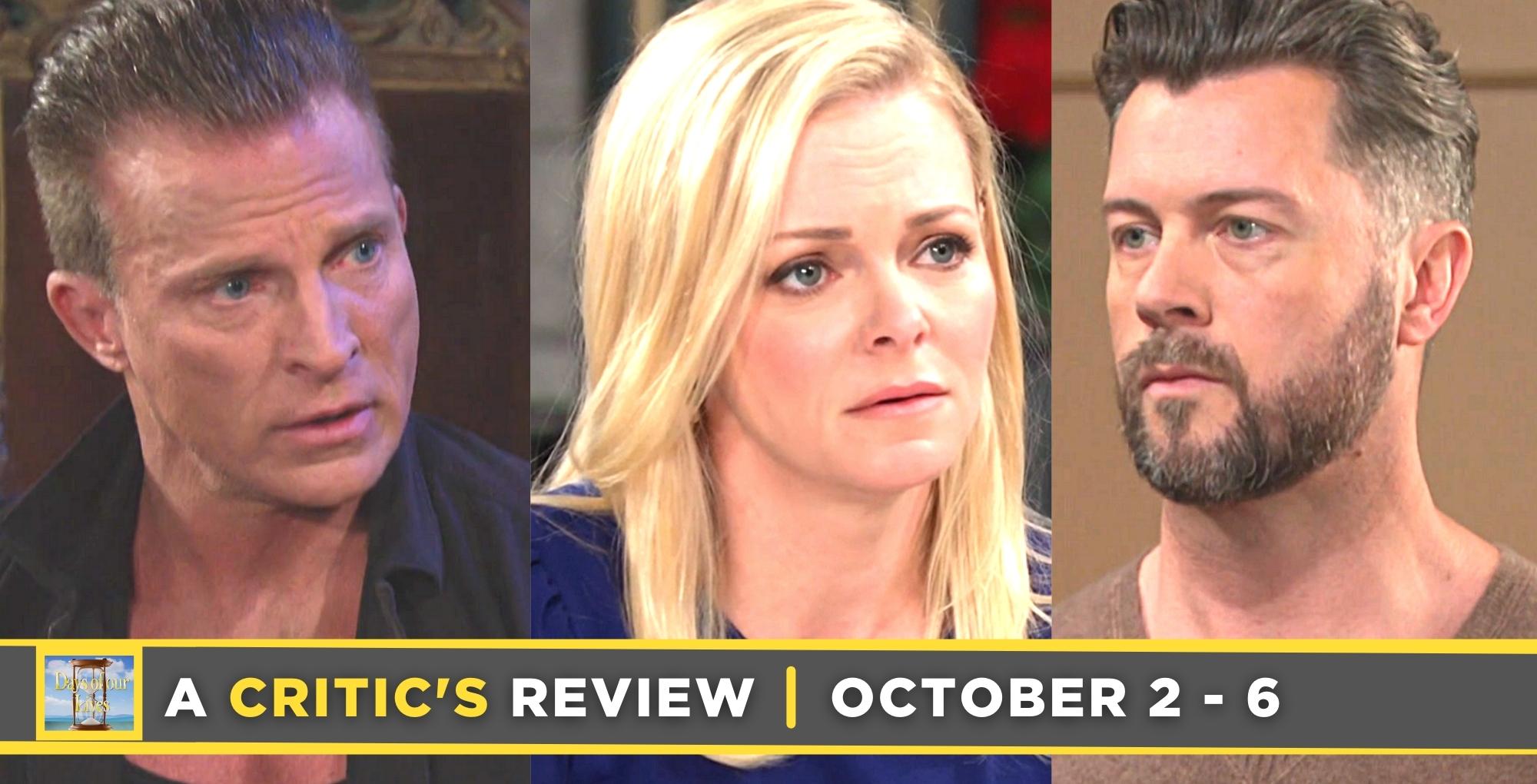 days of our lives critic's review for october 2 – october 6, 2023, three images, harris, belle, and ej.