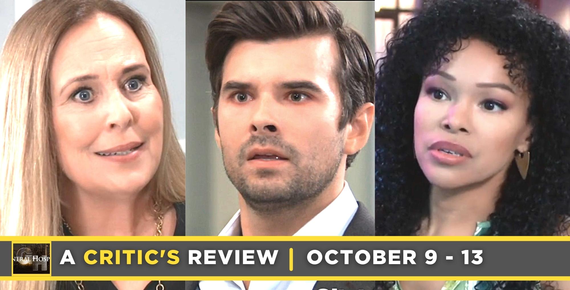 general hospital critic's review for october 9 – october 13, 2023, three images, laura, chase, and portia.