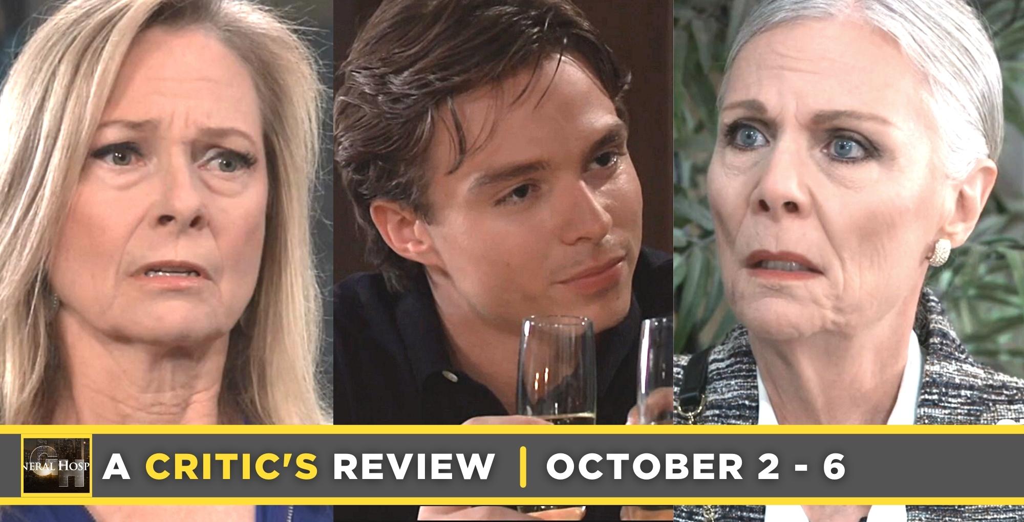 general hospital critic's review for october 2 – october 6, 2023, three images gladys, spencer, and tracy.
