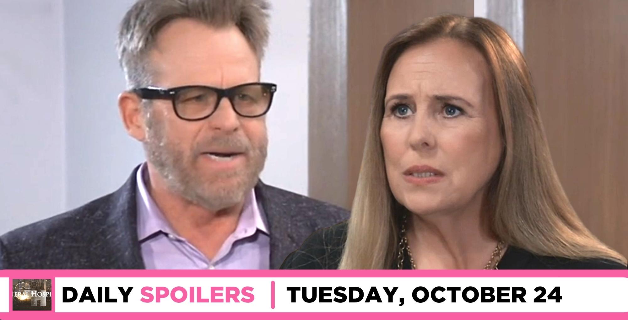 general hospital spoilers for october 24, 2023, episode #15326, has scott and laura talking.