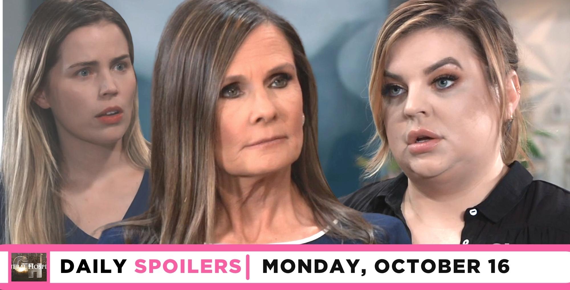 general hospital spoilers for october 16, 2023, has sasha in the background as lucy and maxie talk.