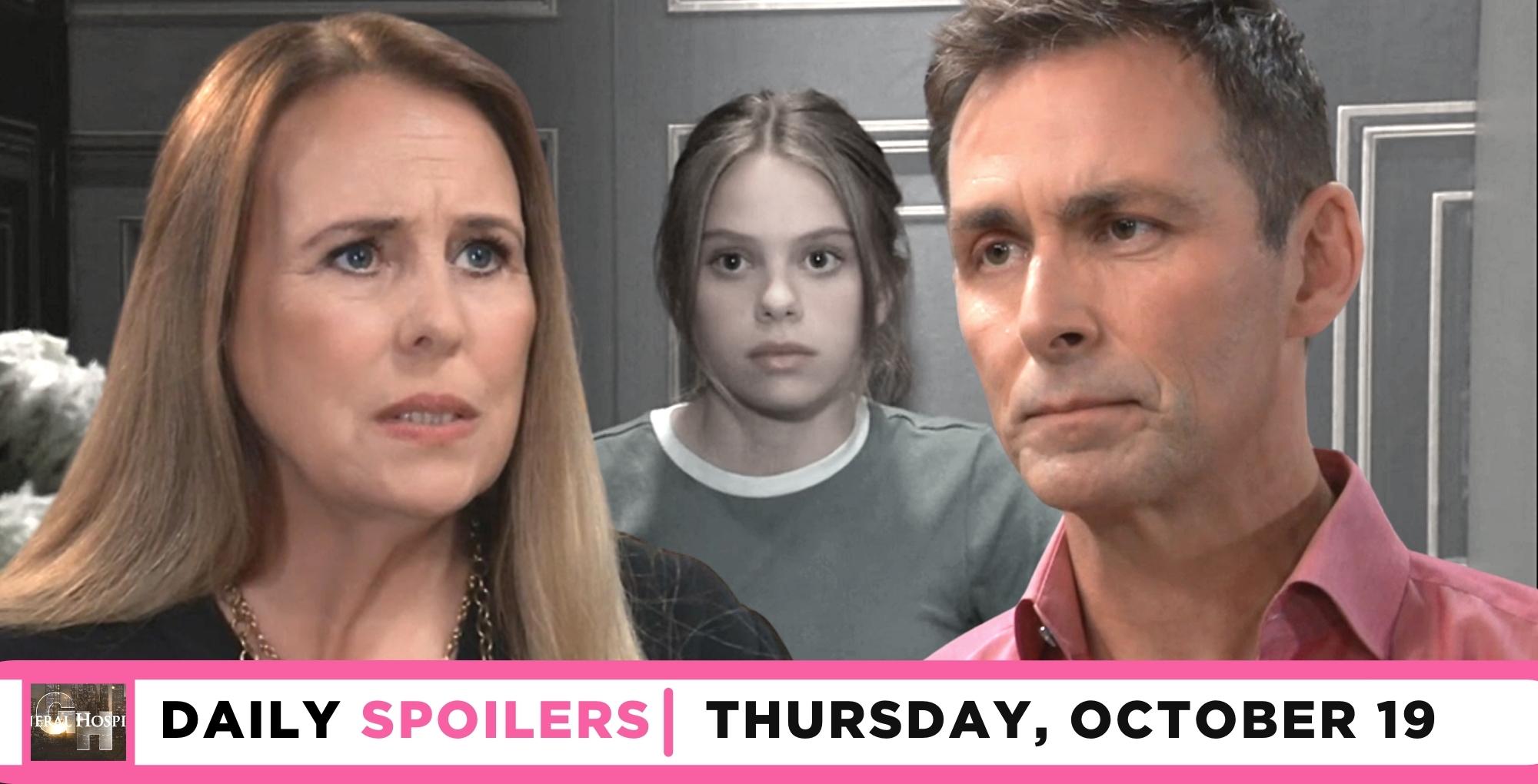 general hospital spoilers for october 19, 2023, has laura talking with valentin and charlotte in the background.